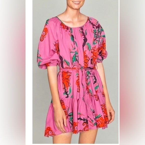 Ros’Garden Dresses & Skirts - Ro’s Garden Vera Pink Floral Puff Sleeve Mini Dress Tie Waist Ruffle Hem Size M